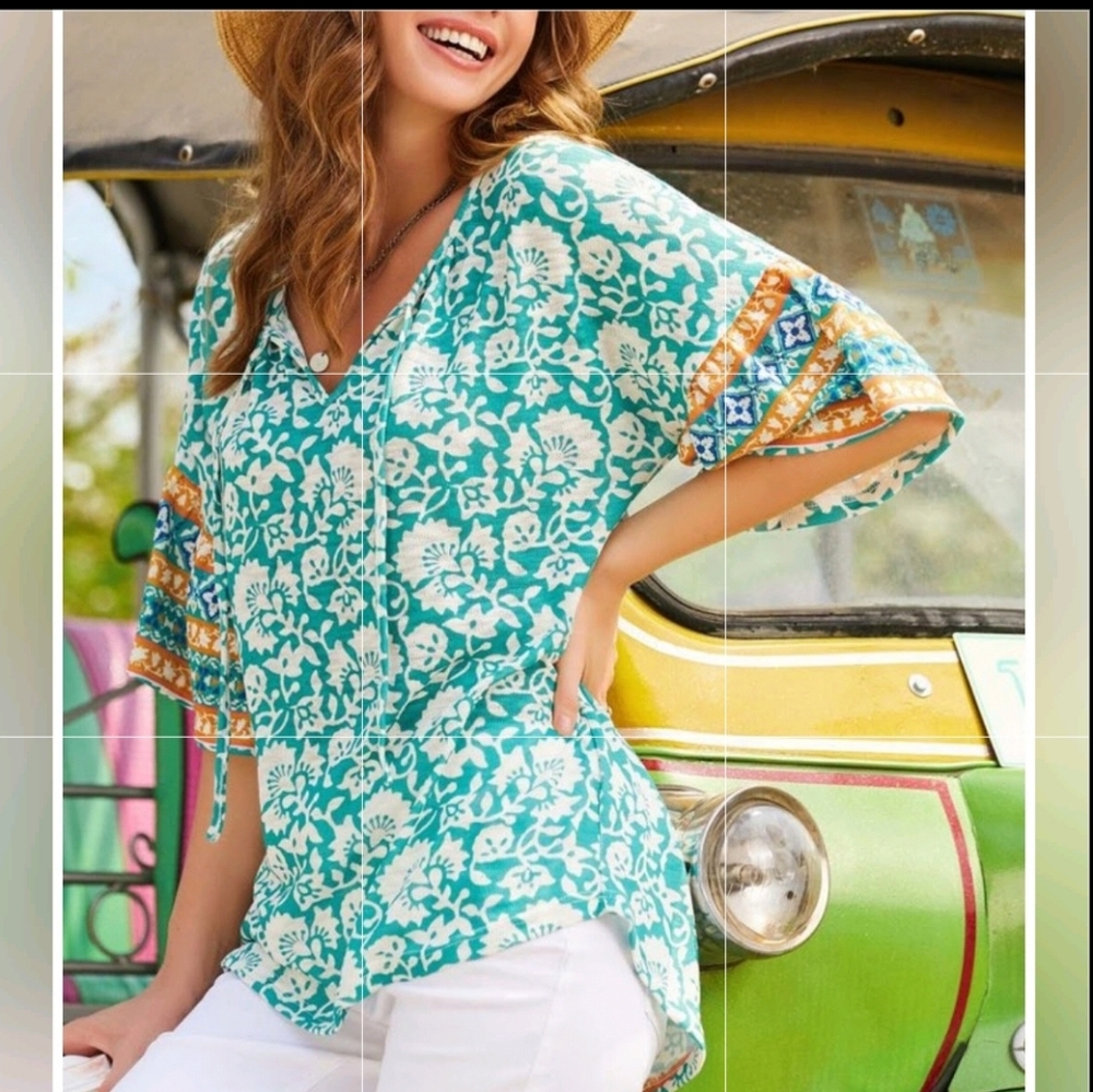 Suzanne Betro Turquoise Blue Floral Boho Notch Tie Neck Bell Sleeve Tunic Top-1X